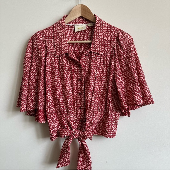 Maeve flowy boho red button down crop blouse with a tie detail at front- 10 - Picture 4 of 6